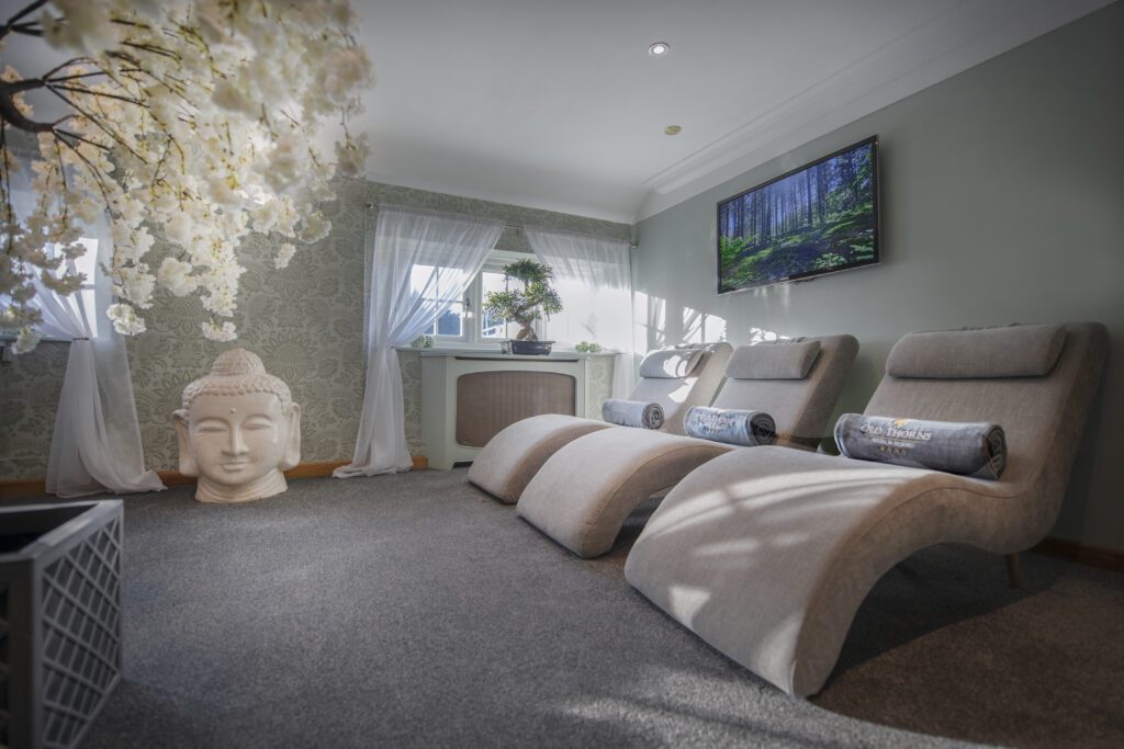 This relaxation room features natural light, relaxing music and comfortable loungers