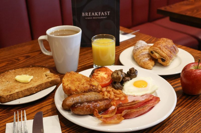 Full English breakfast, toast, tea and juice
