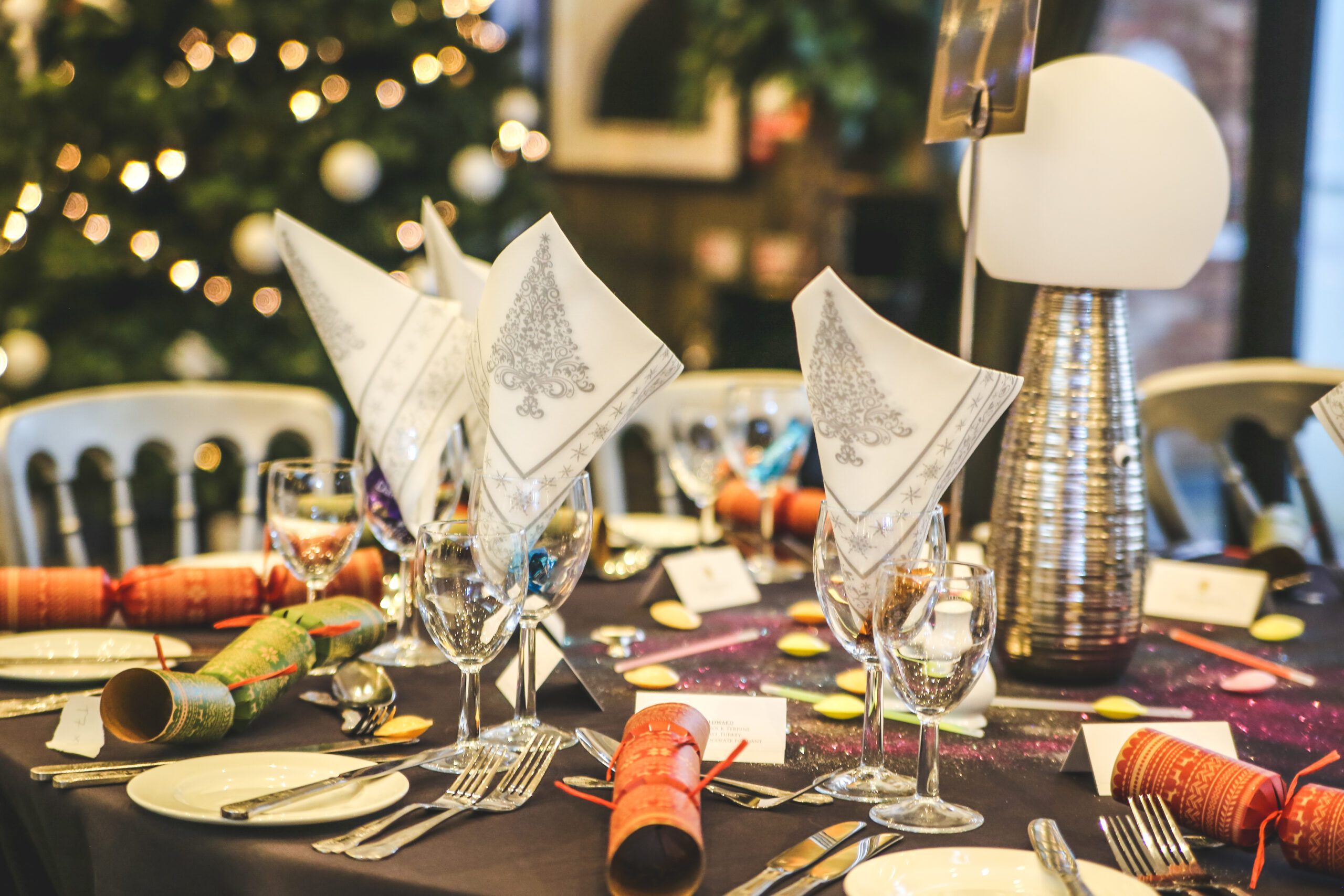 Christmas dinner in the Gatsby with a table set for serving