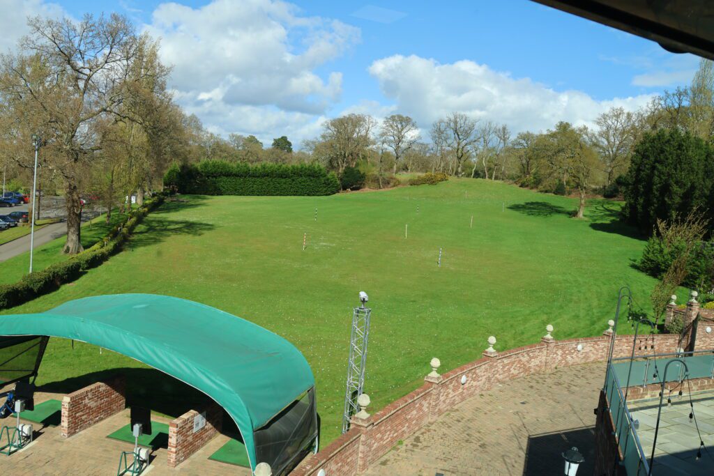 Drone shot of Toptracer Driving Range at Old Thorns Hotel & Resort, in Liphook, Hampshire.