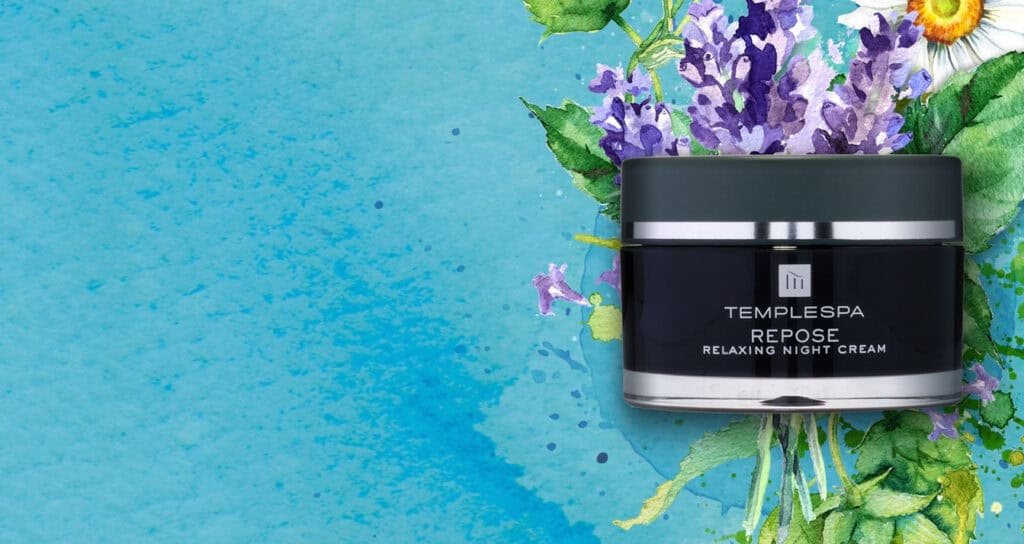Temple Spa Repose relaxing night cream on a vibrant blue background with floral accents.