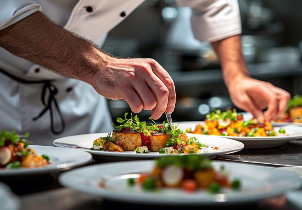 Chef preparing food, meal, in the kitchen, chef cooking in kitchen, Chef decorating dish, closeup