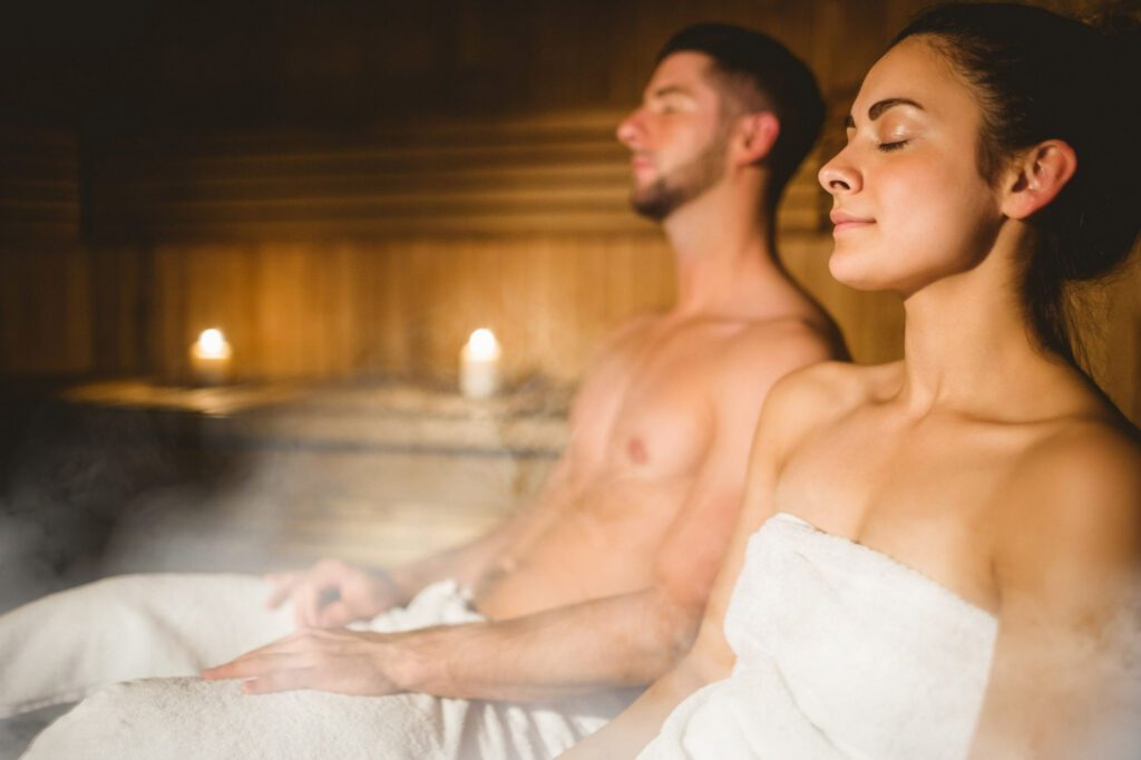 Couple enjoying a steam room in Old Thorns