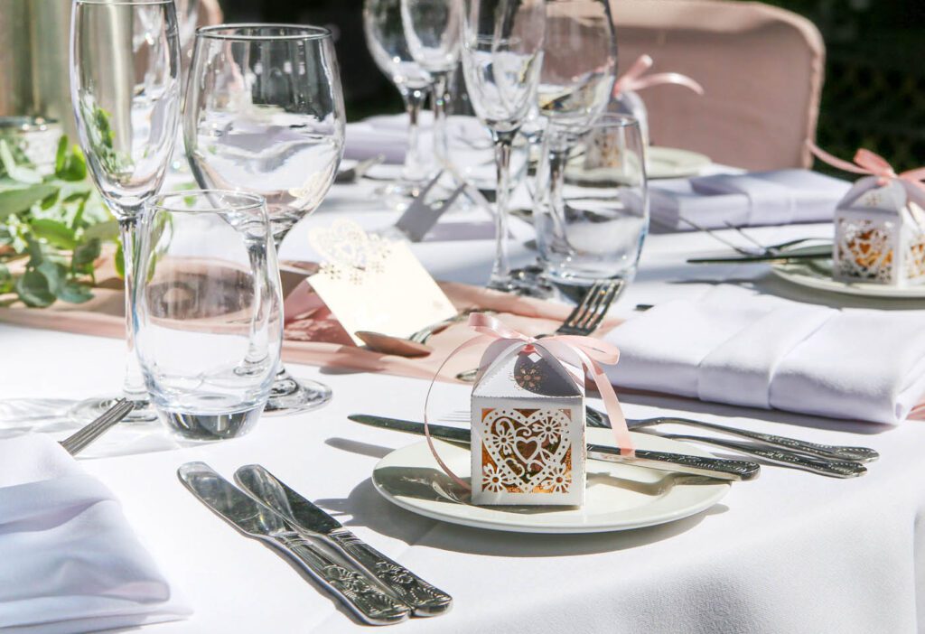 Photo of a wedding favour on a table, decorated for a wedding breakfast
