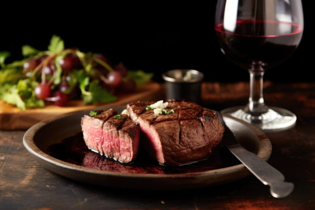 Juicy grilled steak served with a glass of red wine at Old Thorns.