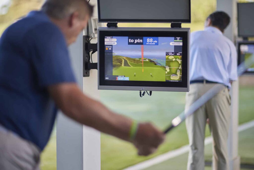 Golf simulator screen displaying a virtual golf course at Old Thorns.